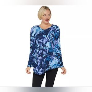 Isaac Mizrahi Shades of Blue Aysemetrical Tunic Top, Ruffled Hemline, Size Large
